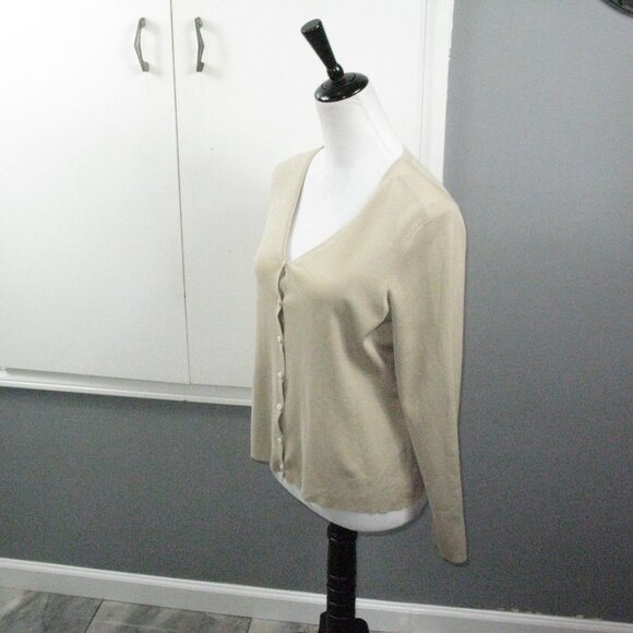 Petite Sophisticate Silk Stretch Tan Button Front Cardigan Size PL - Picture 2 of 5